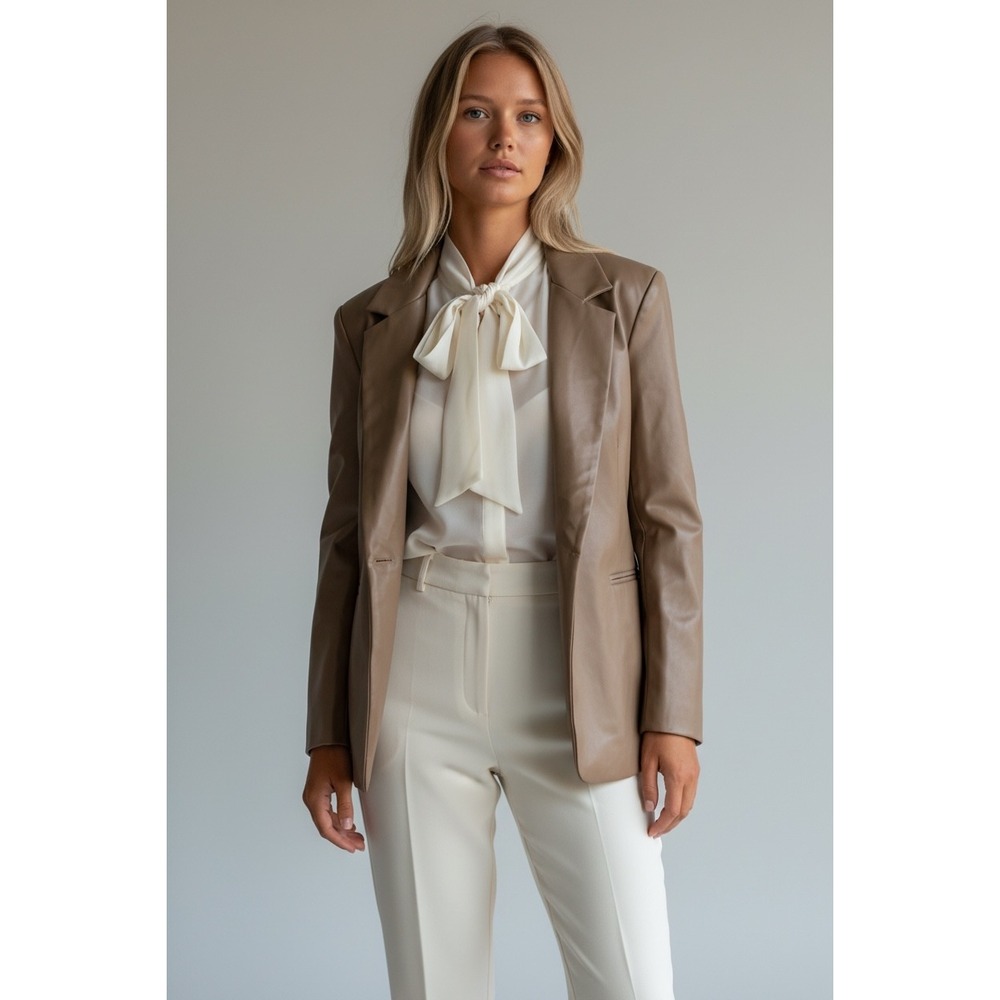 Design Lab‎ Faux Leather Medium Blazer Taupe Brown Vegan Leather Jacket